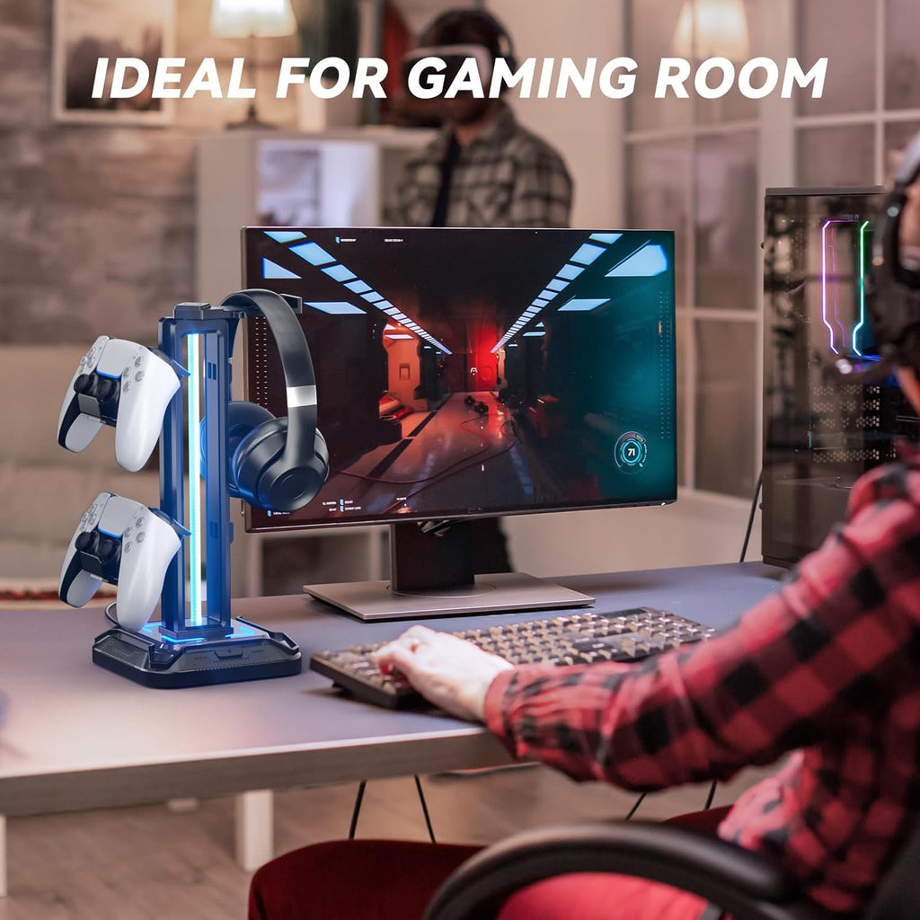 KDD Headset Halterung Mit 9 Lichtmodi - Controller Halter Schreibtisch - Drehbarer Gaming Kopfhörer Ständer & Abnehmbarer Controller Haken Für Gamer PC Xbox ONE PS5 Gaming Zubehör (Schwarz)