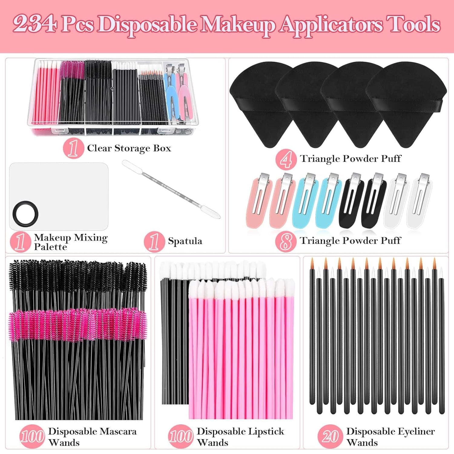 Einweg-Make-Up-Applikatoren-Set Mit Dreieck-Puff-Mischpalette, Künstlerbedarf Einweg-Mascara-Stäbe, Lippenpinsel, Haarspangen, Puderquasten Für Gesicht Mit Aufbewahrungsbox in Rosa