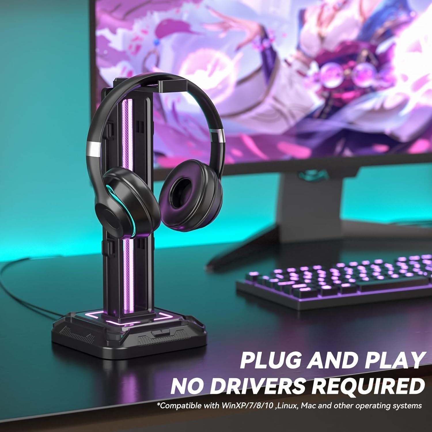KDD Headset Halterung Mit 9 Lichtmodi - Controller Halter Schreibtisch - Drehbarer Gaming Kopfhörer Ständer & Abnehmbarer Controller Haken Für Gamer PC Xbox ONE PS5 Gaming Zubehör (Schwarz)